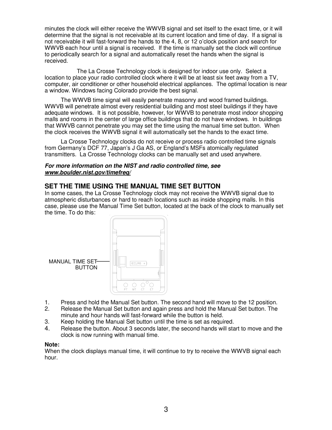 La Crosse Technology WT-3165 manual SET the Time Using the Manual Time SET Button 