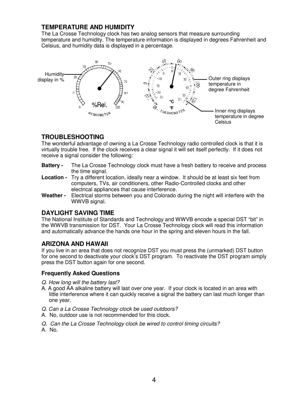 La Crosse Technology WT-3165 manual Temperature and Humidity, Troubleshooting, Daylight Saving Time, Arizona and Hawaii 