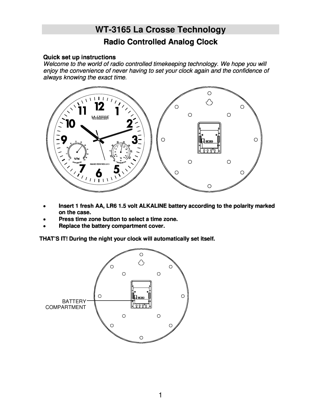 La Crosse Technology manual Quick set up instructions, WT-3165 La Crosse Technology, Radio Controlled Analog Clock 