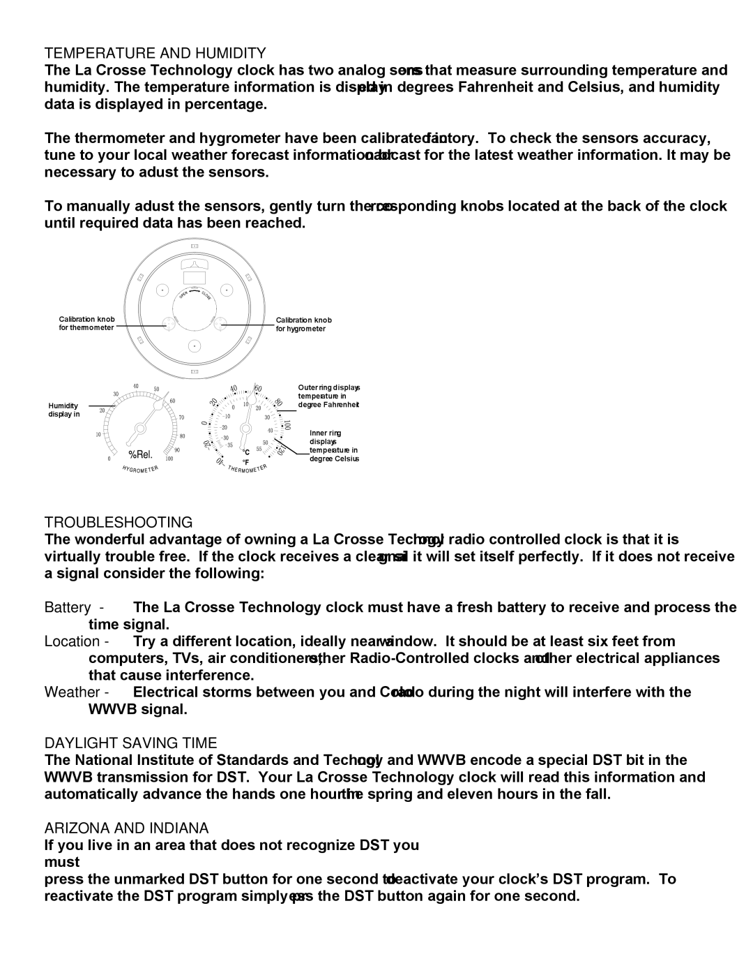 La Crosse Technology WT-3181 Temperature and Humidity, Troubleshooting, Daylight Saving Time, Arizona and Indiana 