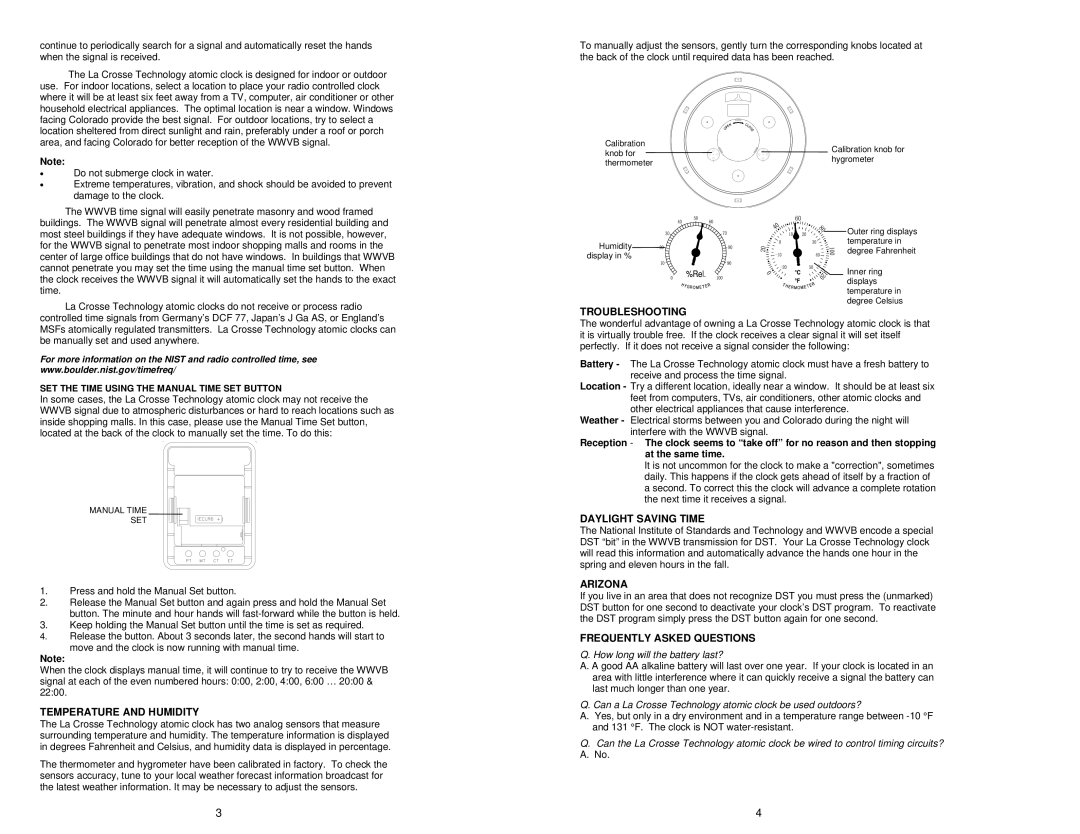 La Crosse Technology WT-3181bz instruction manual Temperature and Humidity, Troubleshooting, Daylight Saving Time, Arizona 