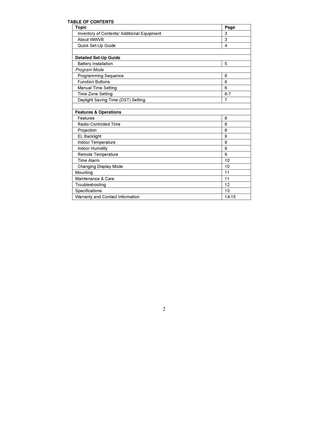 La Crosse Technology WT-5120 instruction manual Table of Contents 