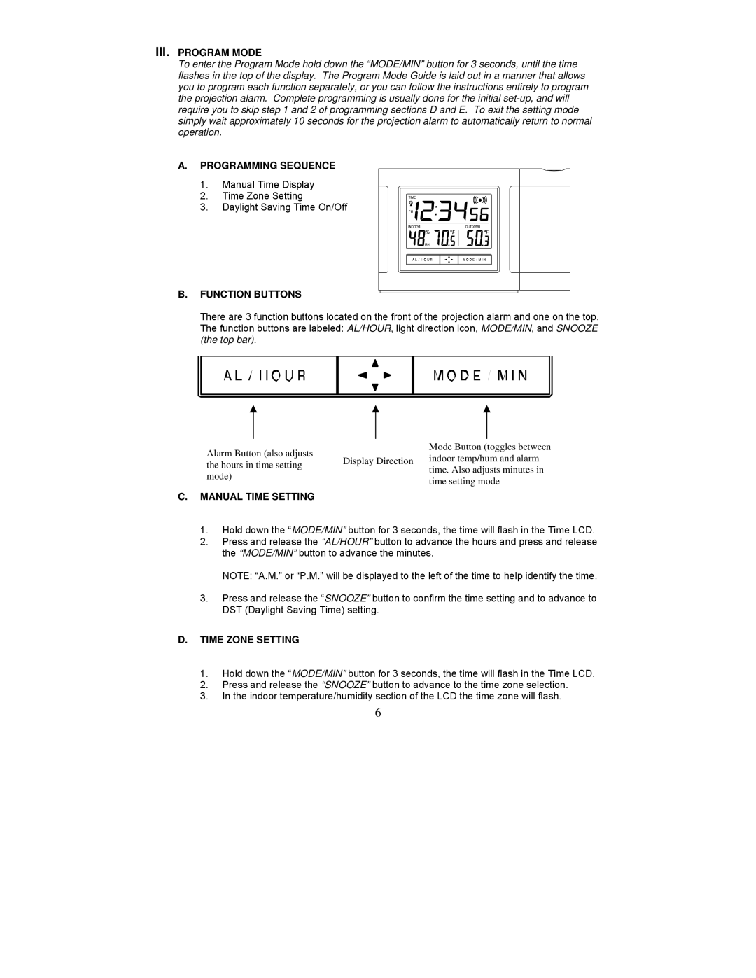 La Crosse Technology WT-5120 III. Program Mode, Programming Sequence, Function Buttons, Manual Time Setting 