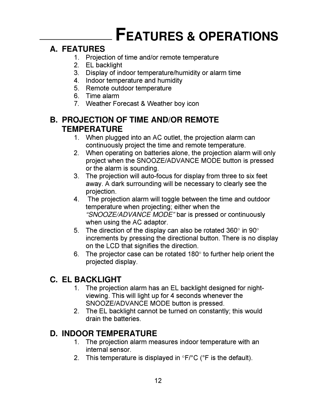 La Crosse Technology WT-5130ER manual Features & Operations, Projection of Time AND/OR Remote Temperature, EL Backlight 