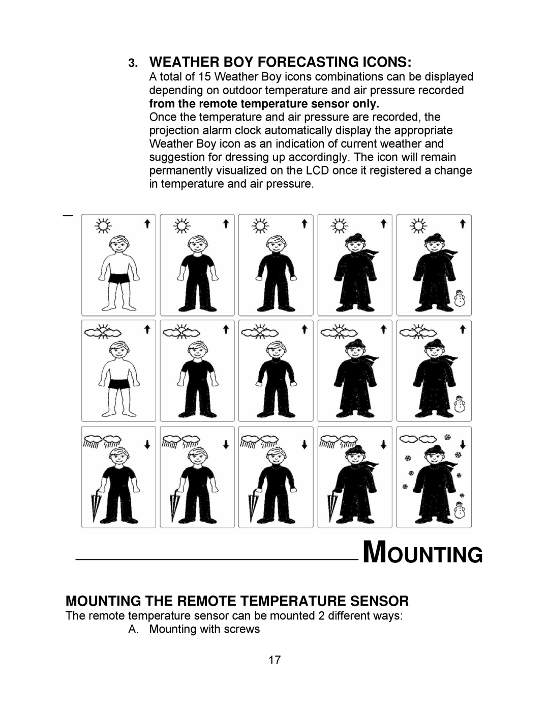 La Crosse Technology WT-5130ER manual Weather BOY Forecasting Icons, Mounting the Remote Temperature Sensor 