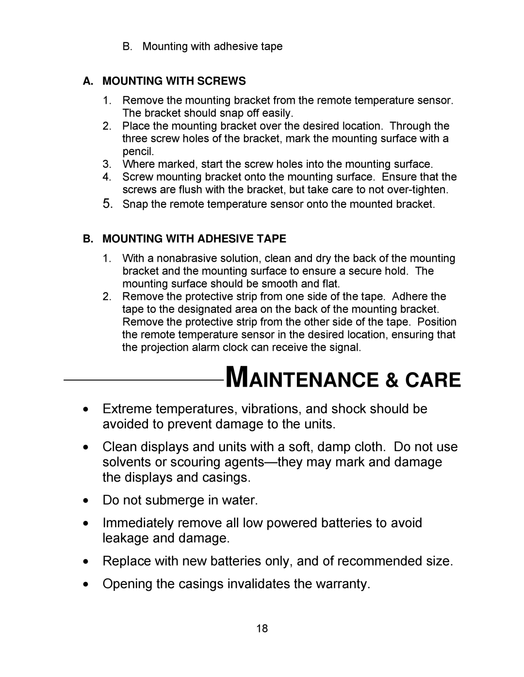 La Crosse Technology WT-5130ER manual Maintenance & Care, Mounting with Screws 