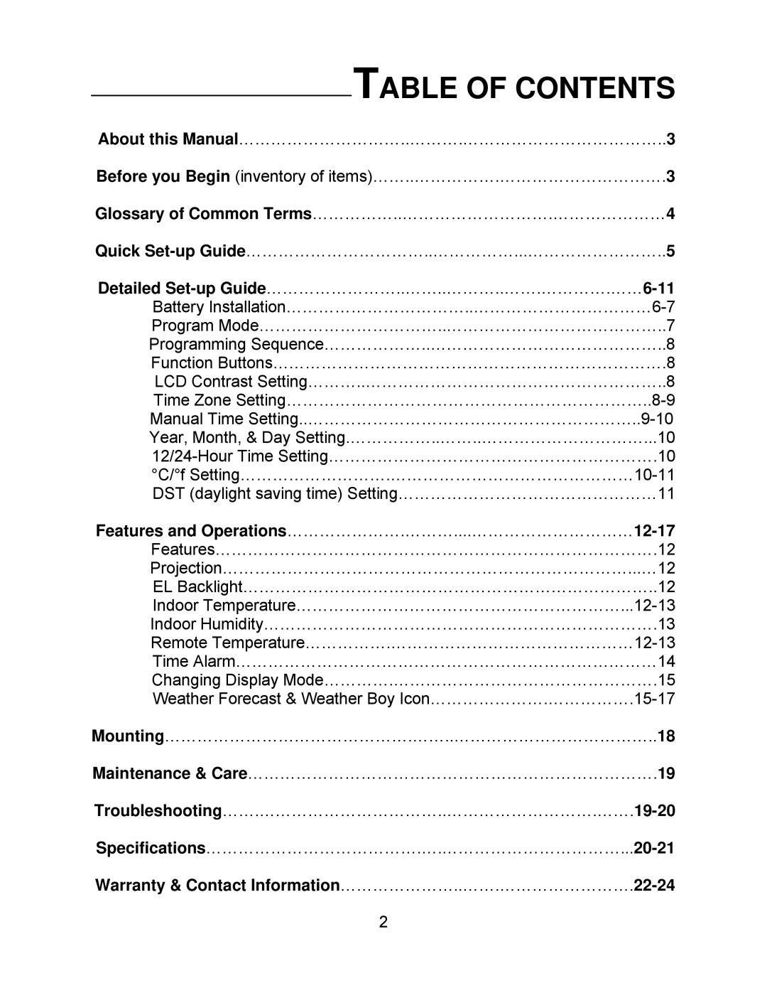 La Crosse Technology WT-5130ER manual Table of Contents 