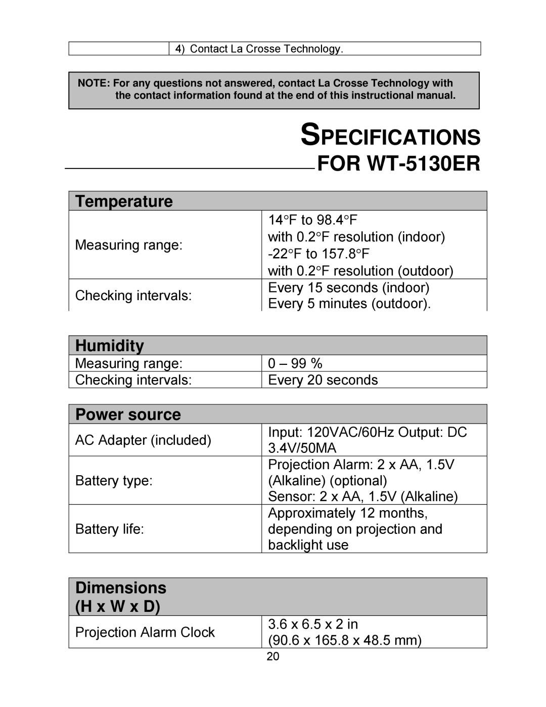 La Crosse Technology manual Specifications For WT-5130ER, Temperature 