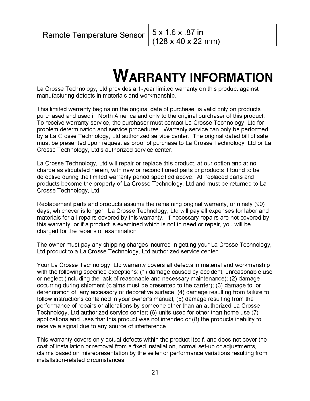 La Crosse Technology WT-5130ER manual Warranty Information 