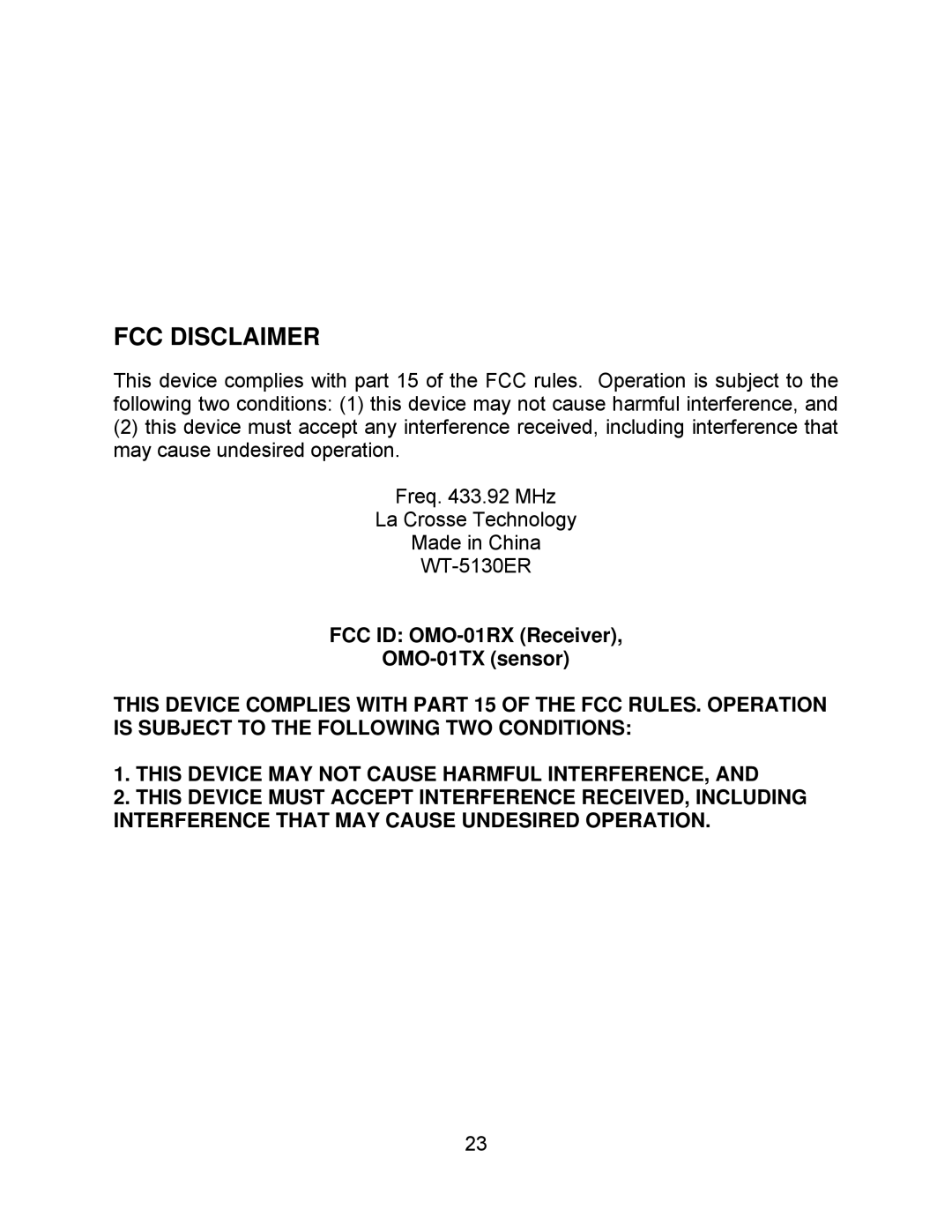 La Crosse Technology WT-5130ER manual FCC Disclaimer 