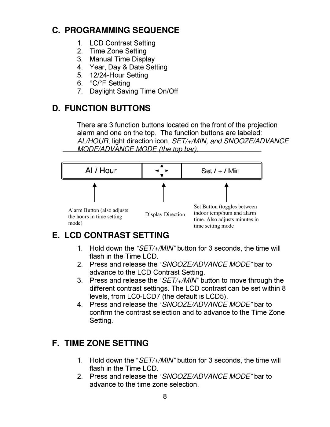 La Crosse Technology WT-5130ER manual Programming Sequence, Function Buttons, LCD Contrast Setting, Time Zone Setting 