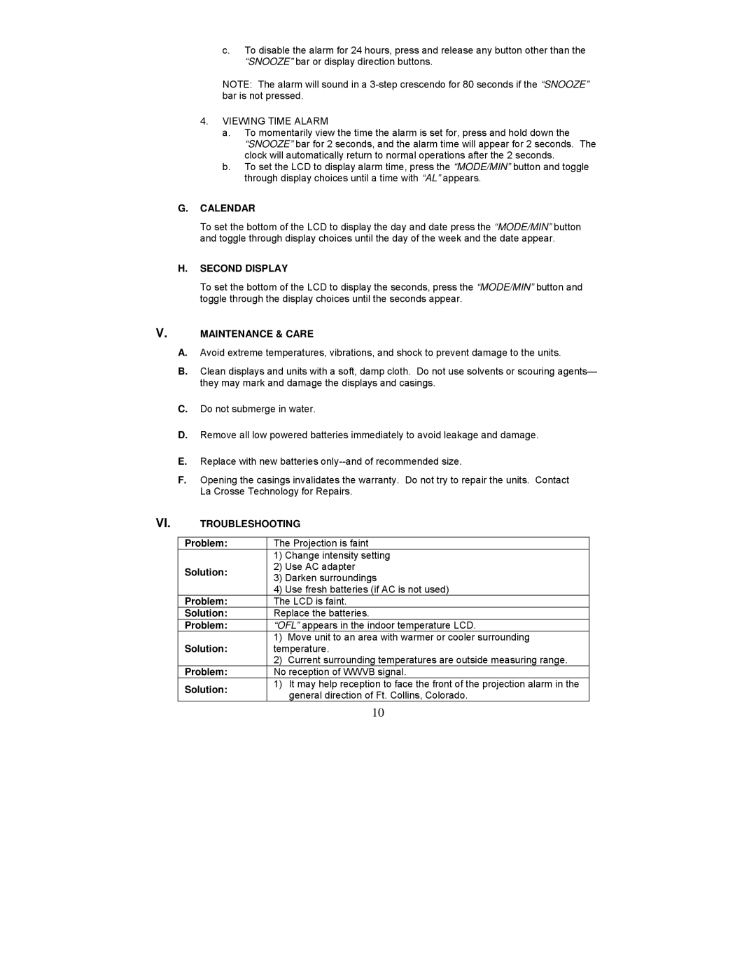 La Crosse Technology WT-5360U instruction manual Viewing Time Alarm, Calendar, Second Display, Troubleshooting 