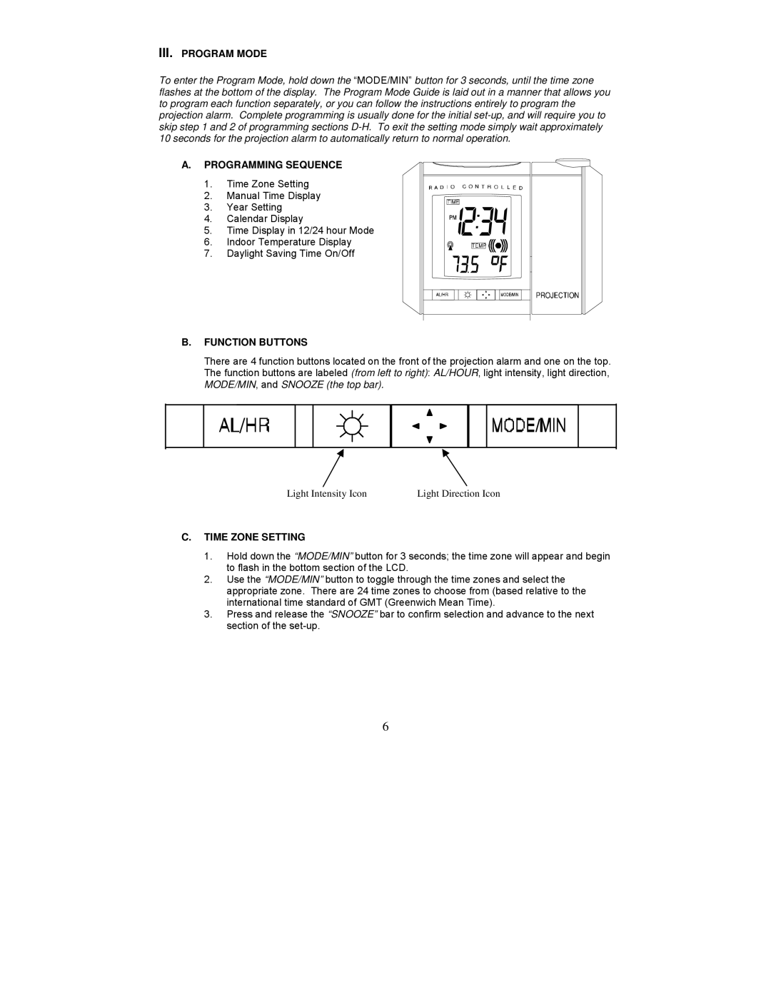 La Crosse Technology WT-5360U III. Program Mode, Programming Sequence, Function Buttons, Time Zone Setting 