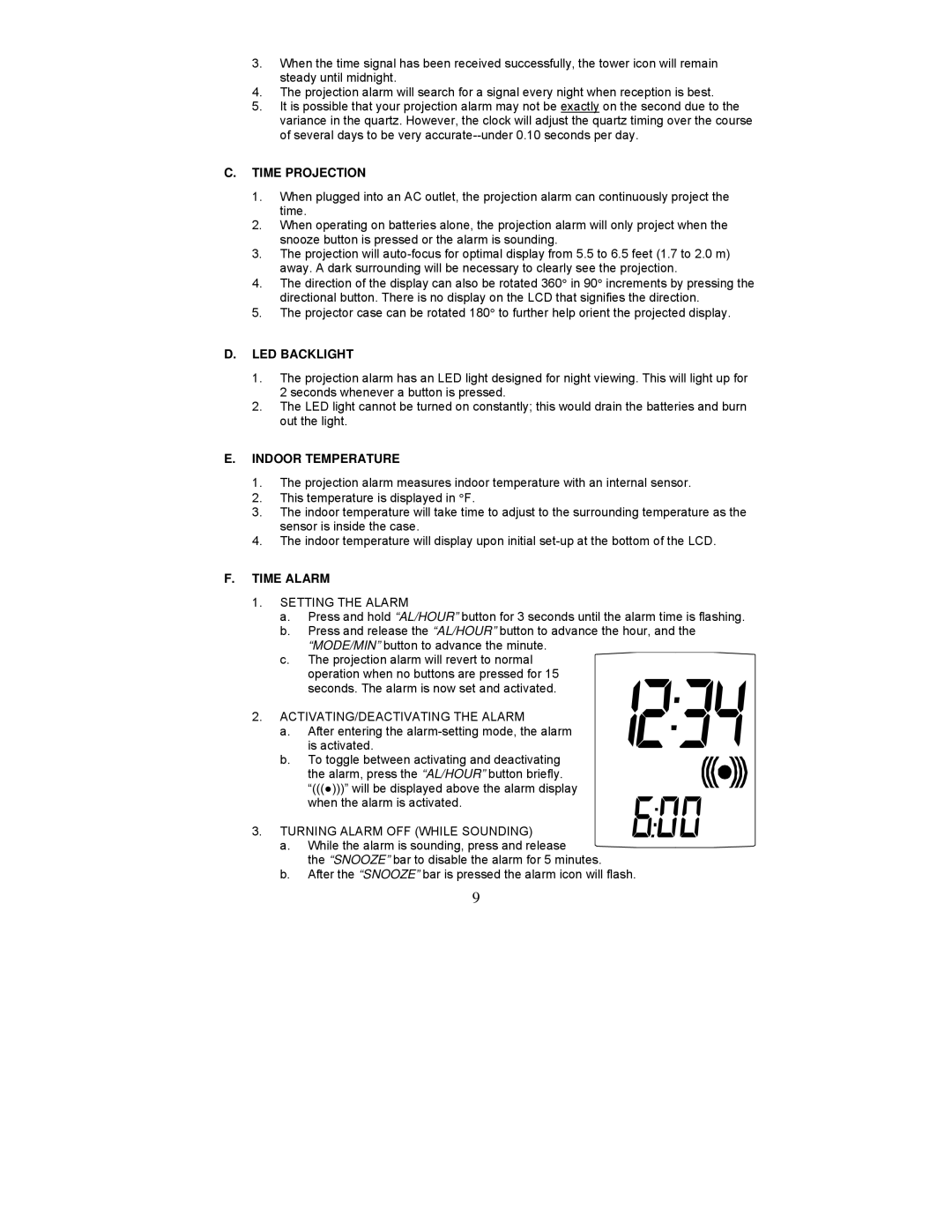 La Crosse Technology WT-5360U instruction manual Time Projection, LED Backlight, Indoor Temperature, Time Alarm 