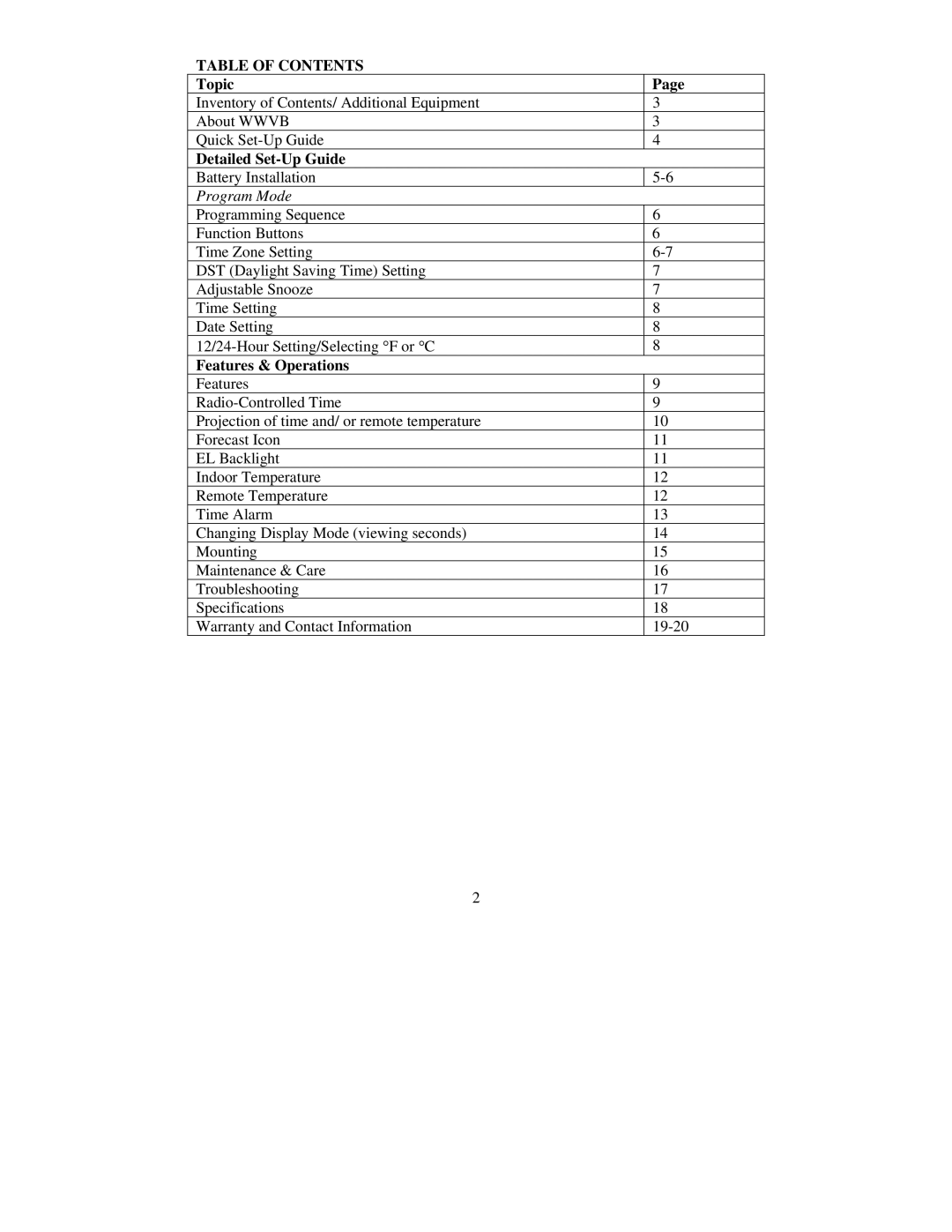 La Crosse Technology WT-5432 instruction manual Table of Contents 