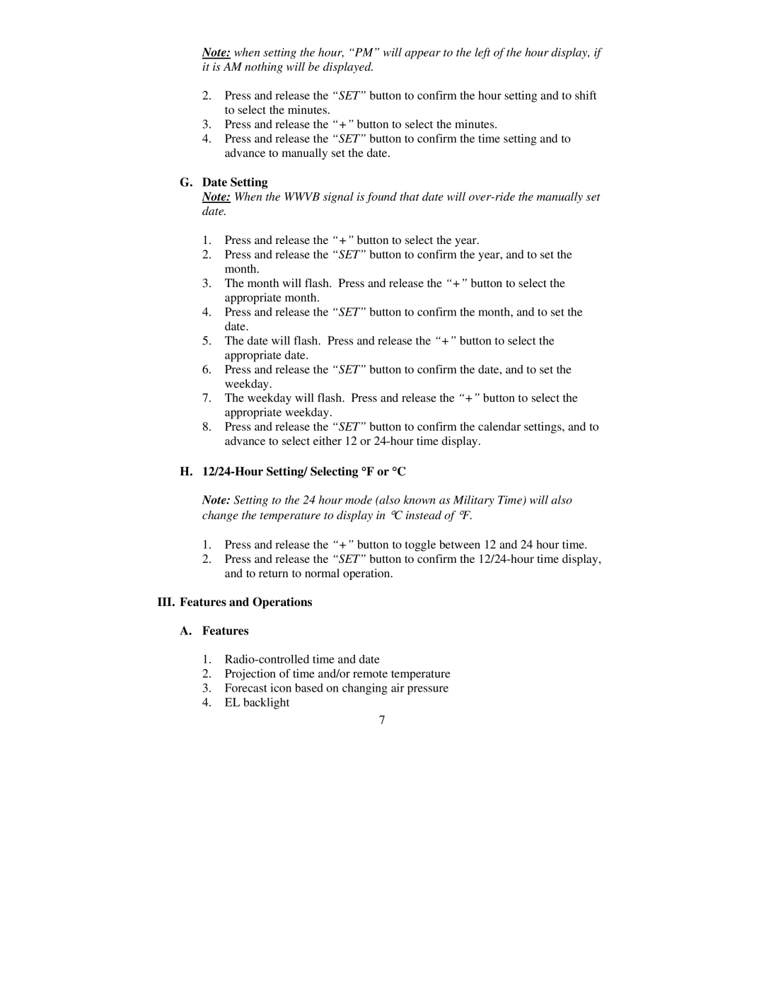 La Crosse Technology WT-5432 Date Setting, 12/24-Hour Setting/ Selecting F or C, III. Features and Operations 