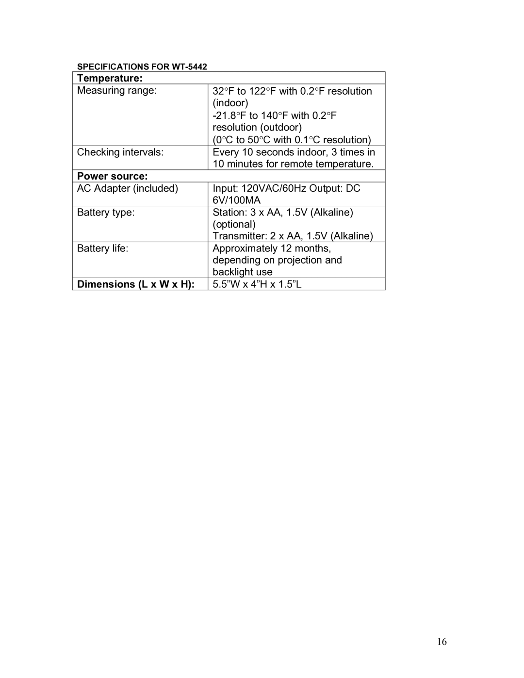 La Crosse Technology WT-5442 instruction manual Temperature 