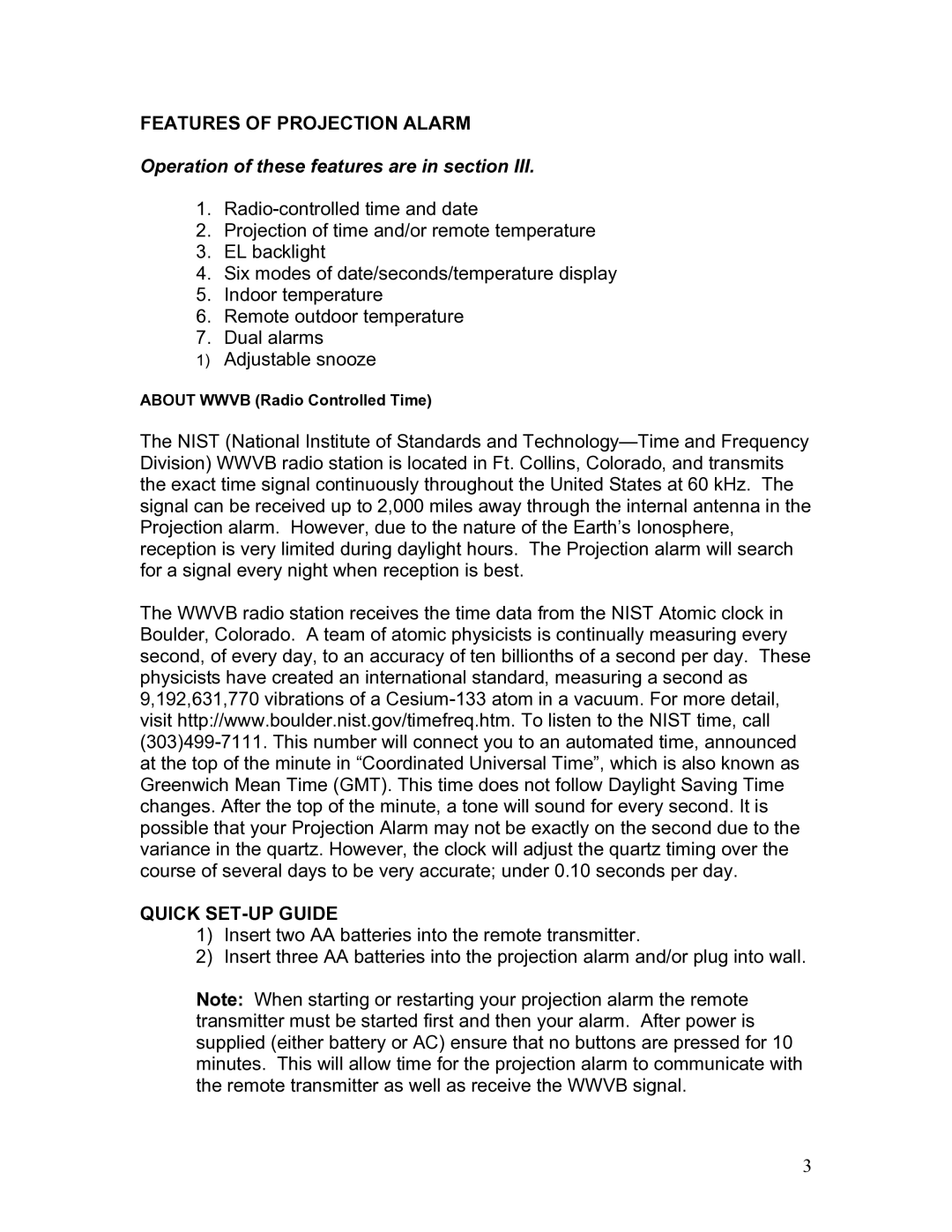 La Crosse Technology WT-5442 instruction manual Features of Projection Alarm, Quick SET-UP Guide 