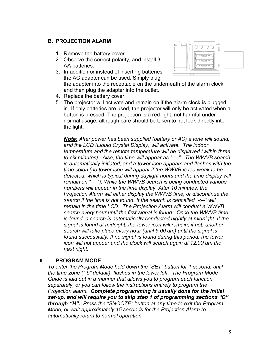 La Crosse Technology WT-5442 instruction manual Projection Alarm, II. Program Mode 