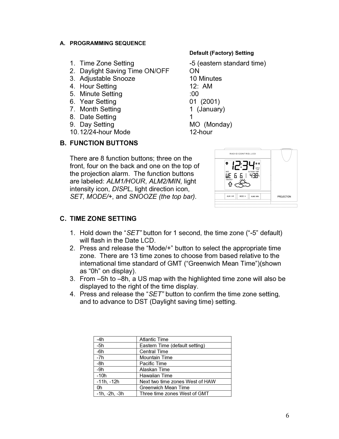 La Crosse Technology WT-5442 instruction manual Function Buttons, Time Zone Setting 