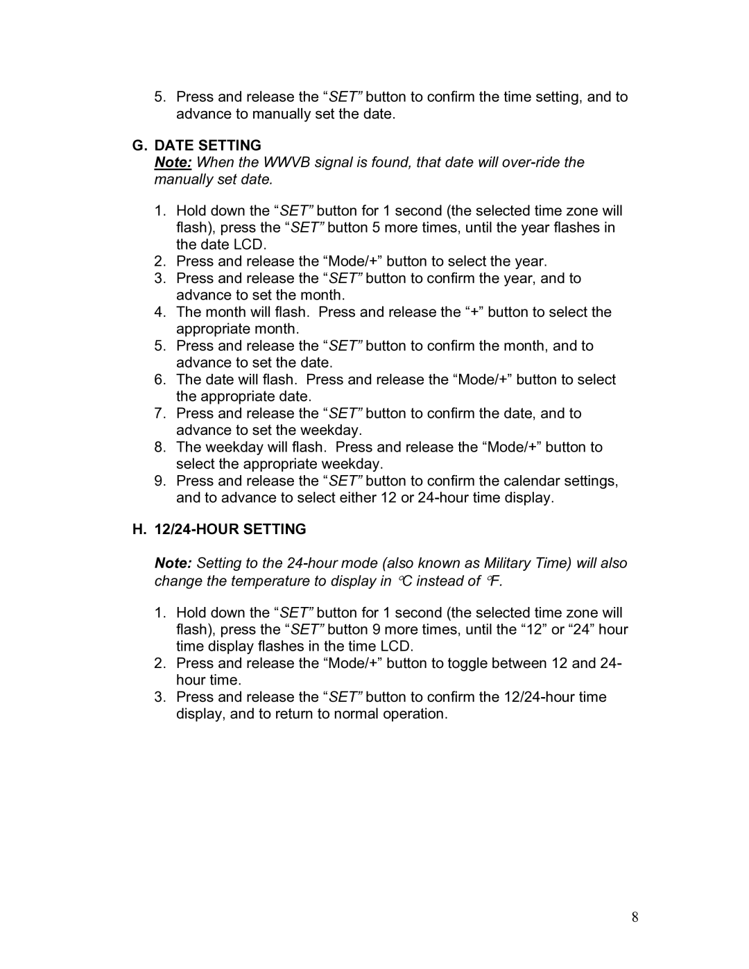 La Crosse Technology WT-5442 instruction manual Date Setting, 12/24-HOUR Setting 