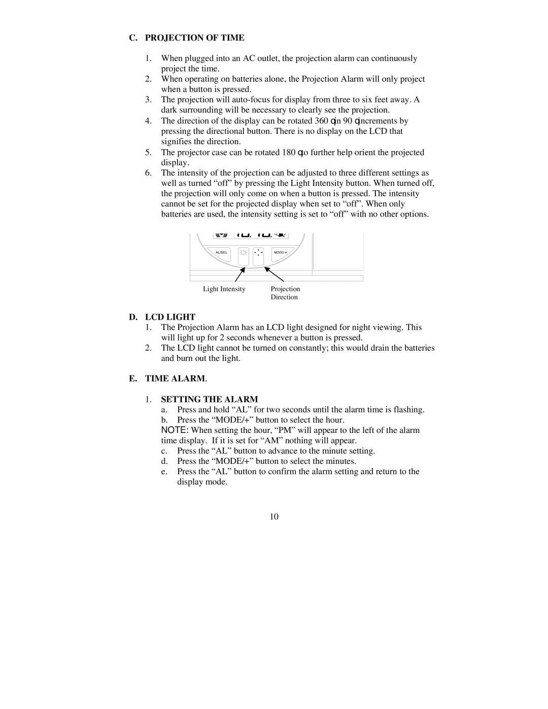 La Crosse Technology WT-5600 instruction manual Projection of Time, LCD Light, Time Alarm Setting the Alarm 