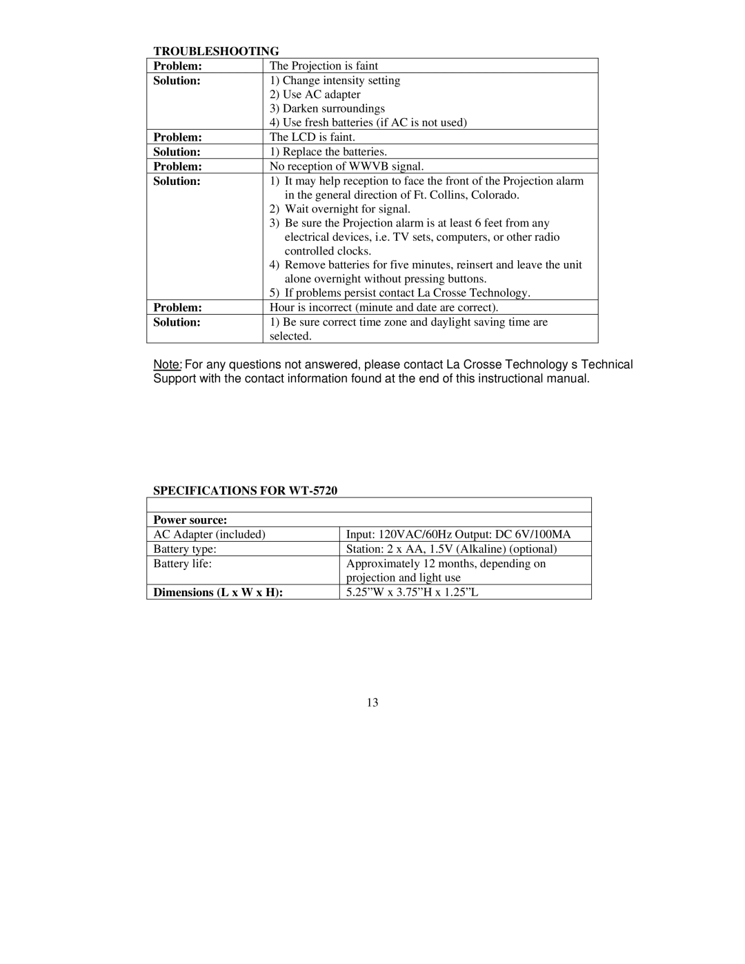 La Crosse Technology WT-5600 instruction manual Troubleshooting, Specifications for WT-5720 