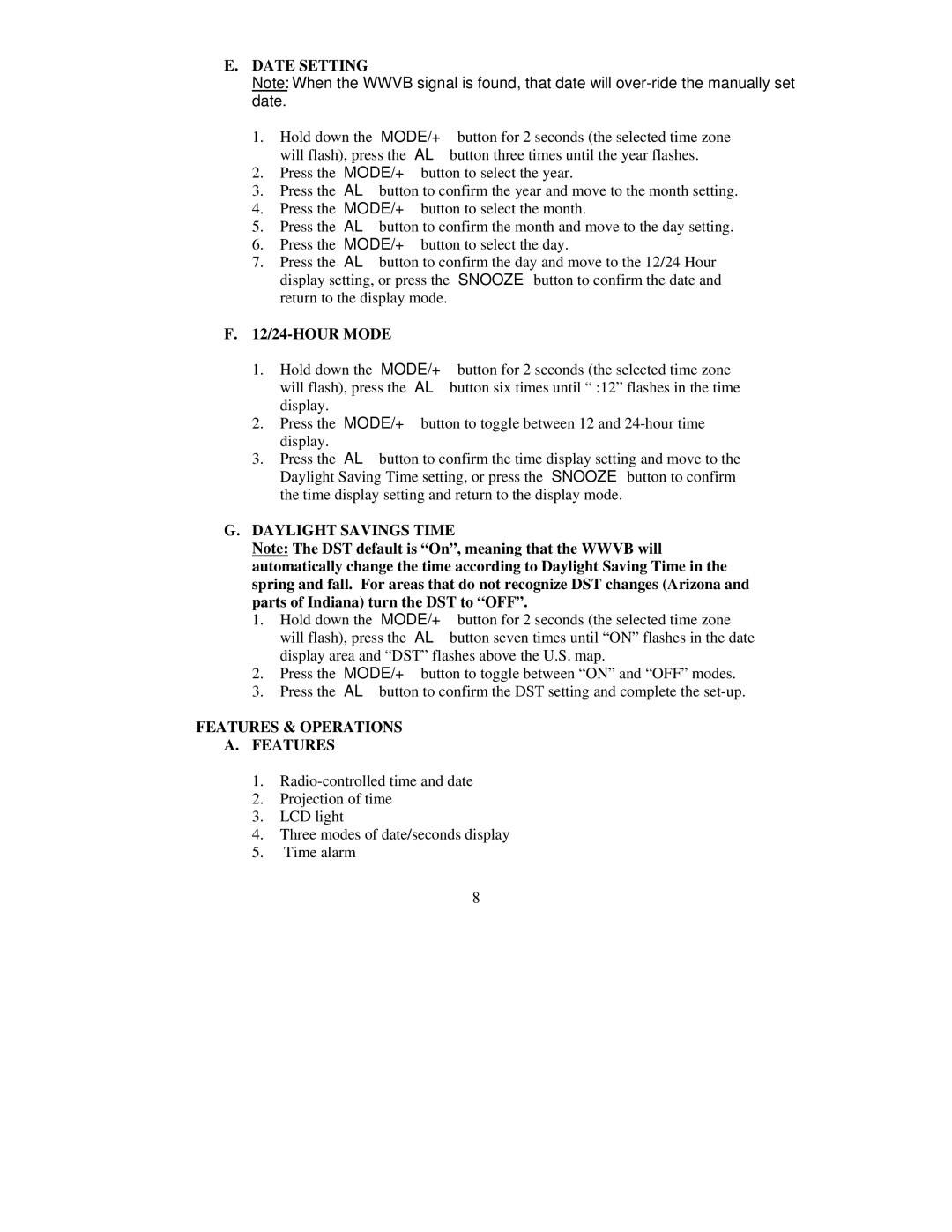 La Crosse Technology WT-5600 instruction manual Date Setting, 12/24-HOUR Mode, Daylight Savings Time, Features & Operations 