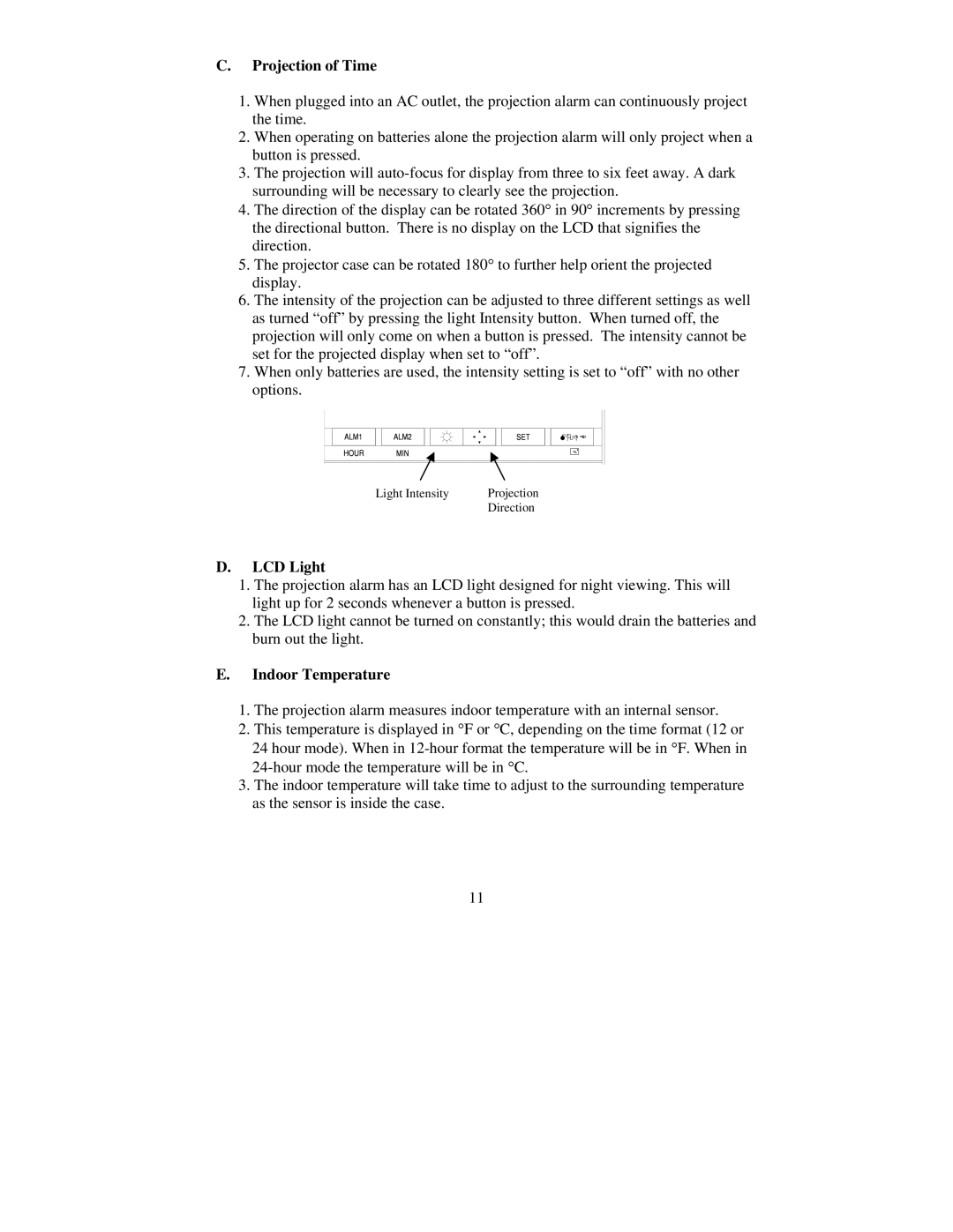 La Crosse Technology WT-5720 instruction manual Projection of Time, LCD Light, Indoor Temperature 