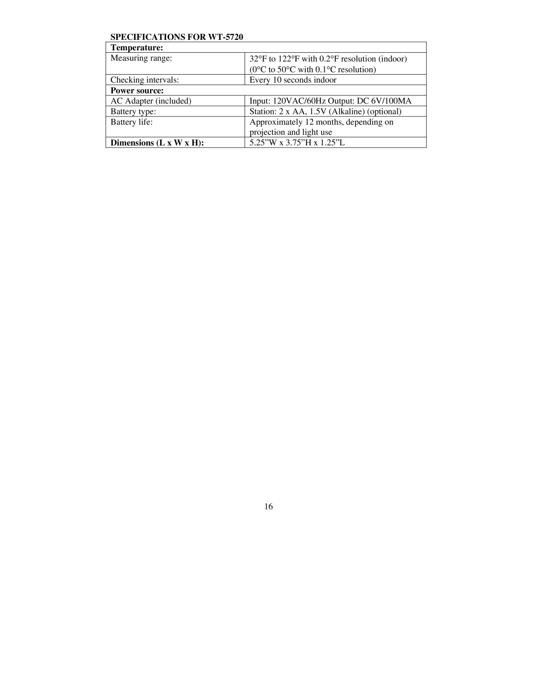 La Crosse Technology instruction manual Specifications for WT-5720, Temperature, Power source, Dimensions L x W x H 