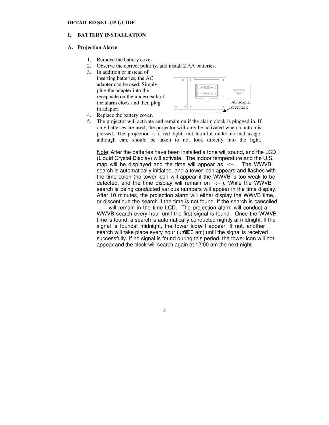 La Crosse Technology WT-5720 instruction manual Detailed SET-UP Guide, Battery Installation A. Projection Alarm 