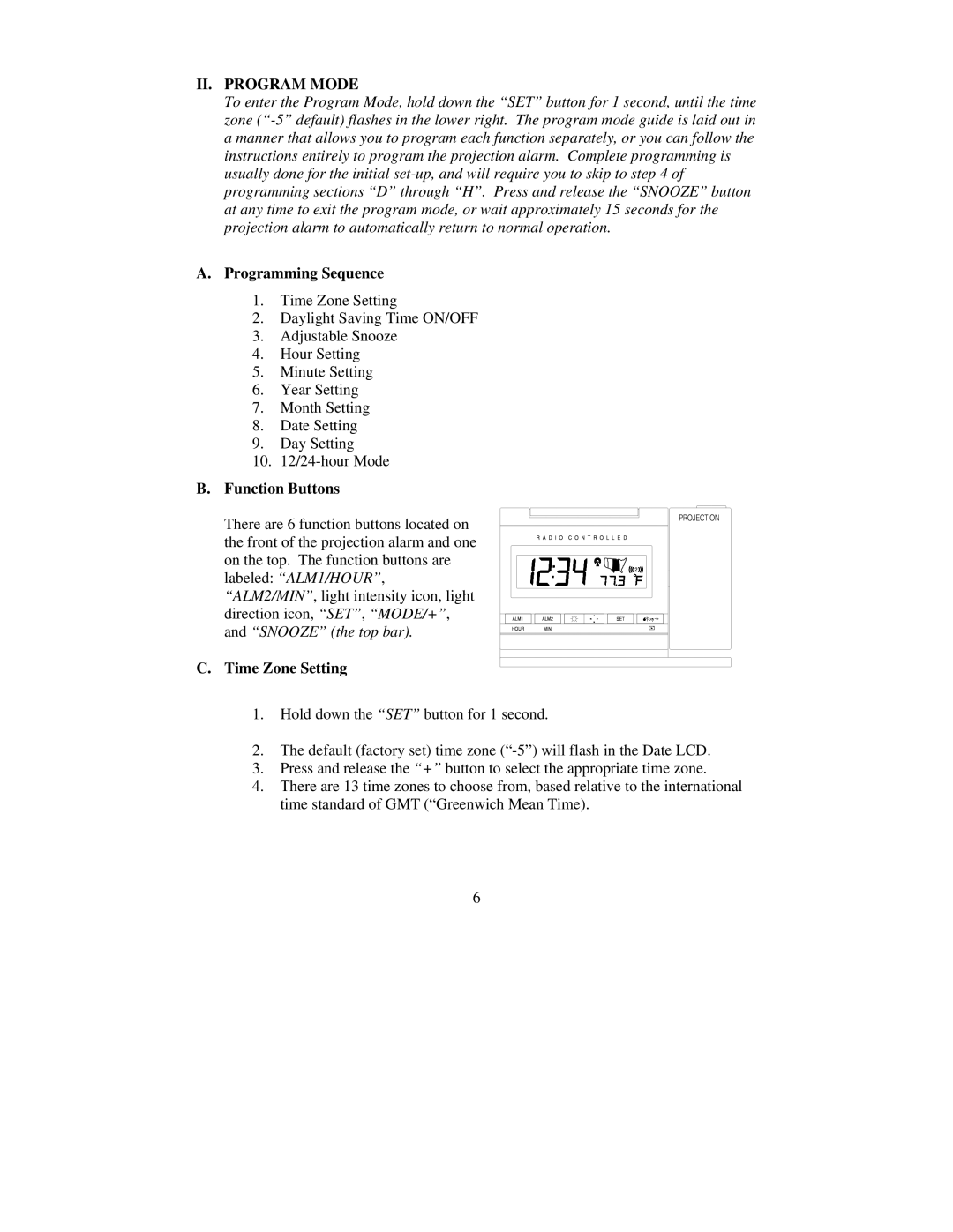 La Crosse Technology WT-5720 instruction manual II. Program Mode, Programming Sequence, Function Buttons, Time Zone Setting 