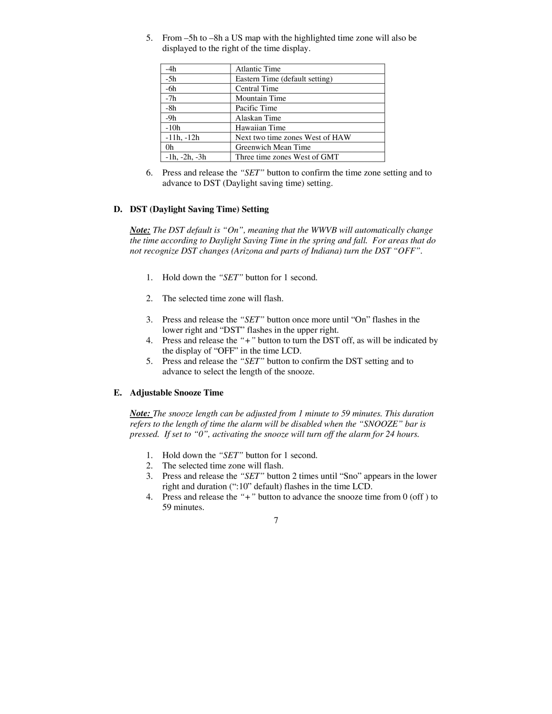 La Crosse Technology WT-5720 instruction manual DST Daylight Saving Time Setting, Adjustable Snooze Time 