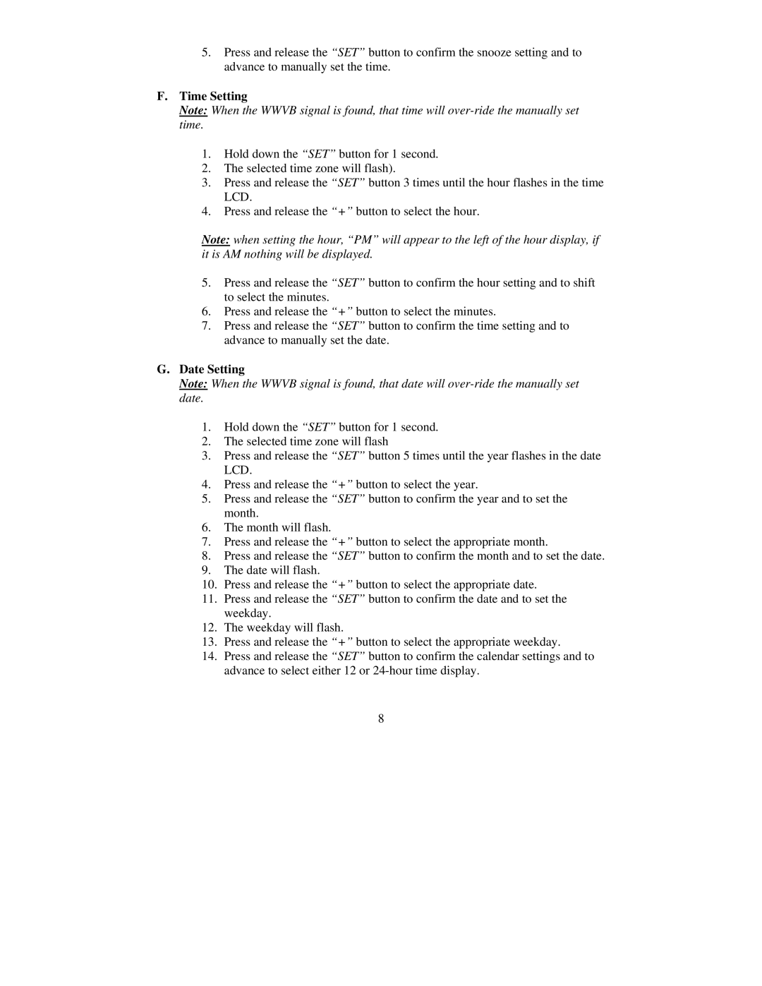 La Crosse Technology WT-5720 instruction manual Time Setting, Date Setting 