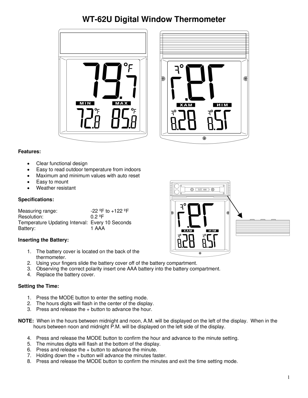 La Crosse Technology specifications WT-62U Digital Window Thermometer 