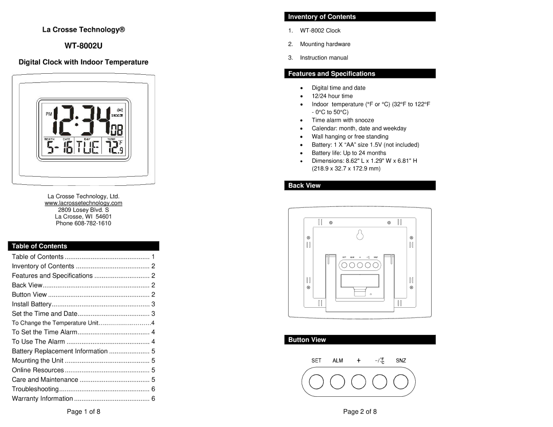 La Crosse Technology WT-8002U specifications Table of Contents, Inventory of Contents, Features and Specifications 