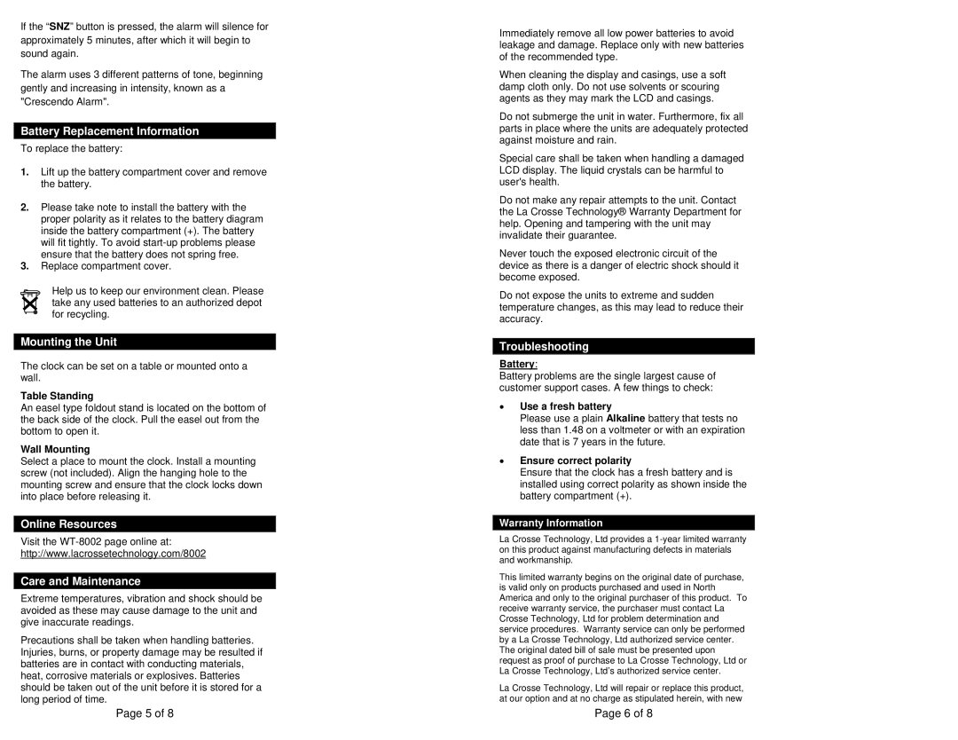 La Crosse Technology WT-8002U Battery Replacement Information, Mounting the Unit, Online Resources, Care and Maintenance 