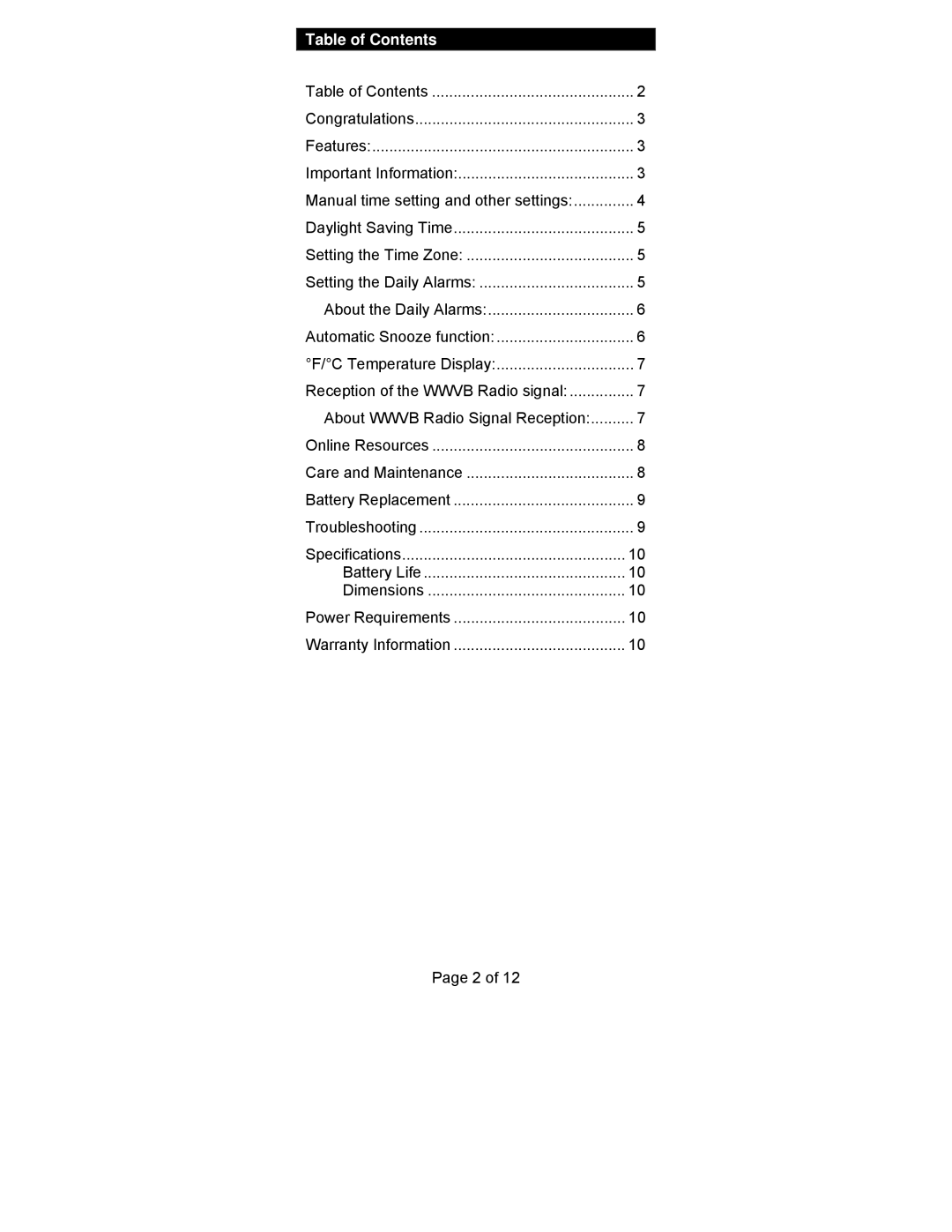 La Crosse Technology WT-8005U manual Table of Contents 