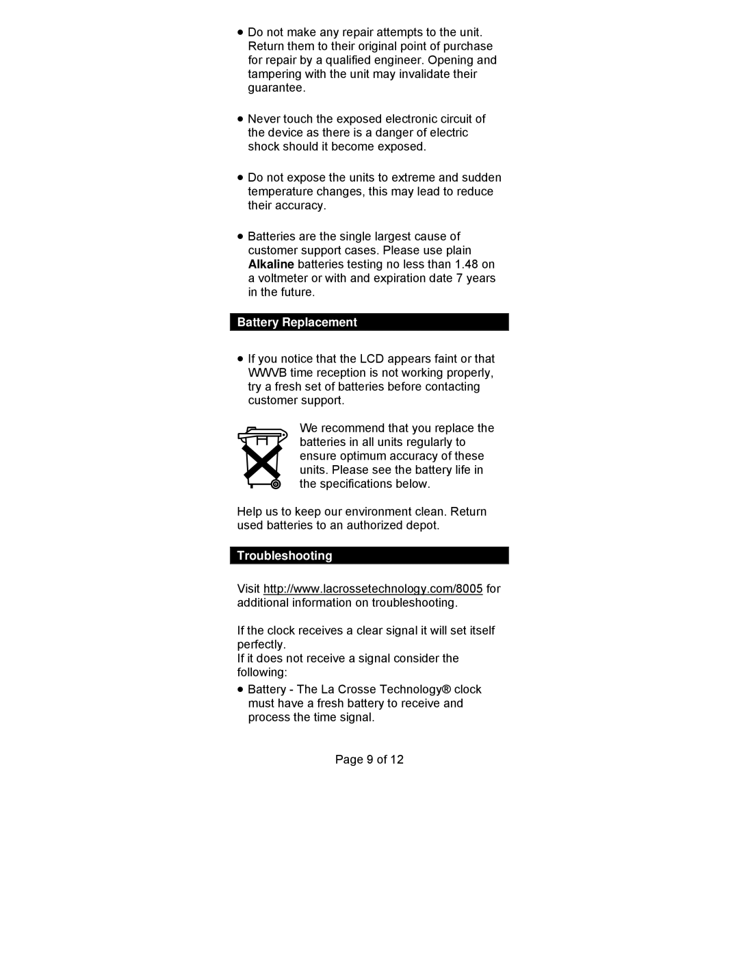 La Crosse Technology WT-8005U manual Battery Replacement, Troubleshooting 