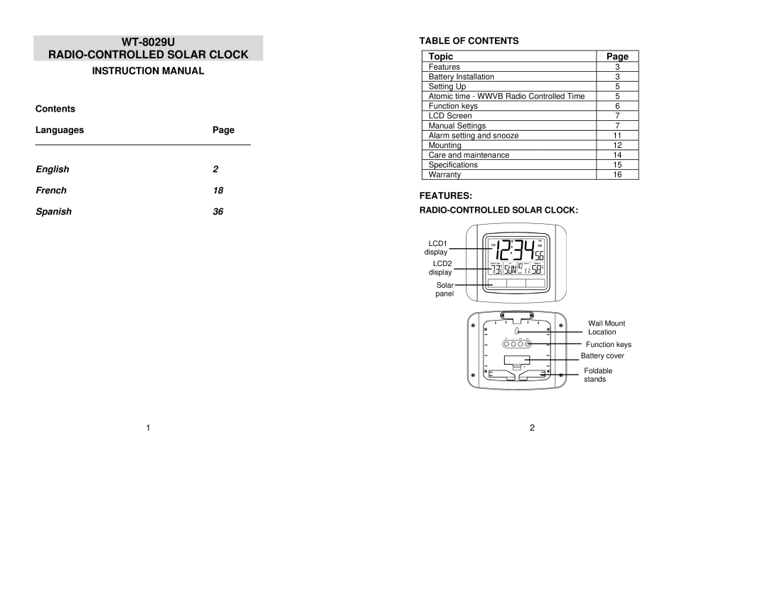 La Crosse Technology WT-8029U instruction manual Table of Contents, Features 