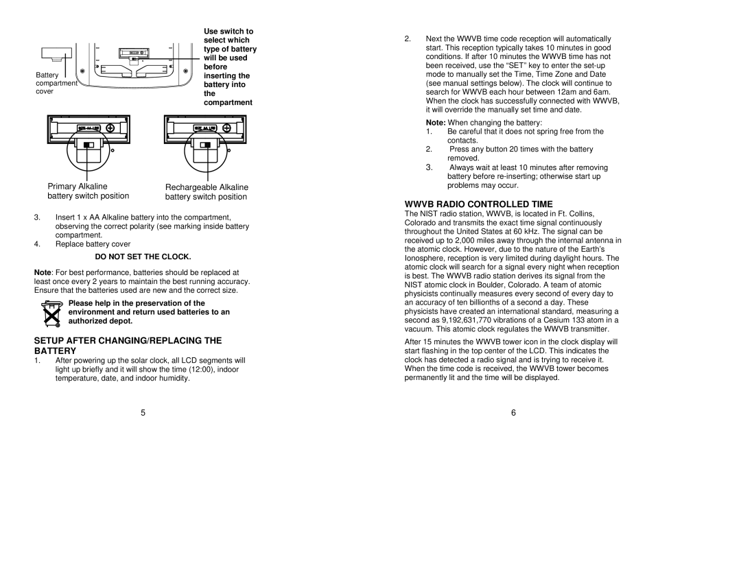 La Crosse Technology WT-8029U Setup After CHANGING/REPLACING the Battery, Wwvb Radio Controlled Time, Primary Alkaline 