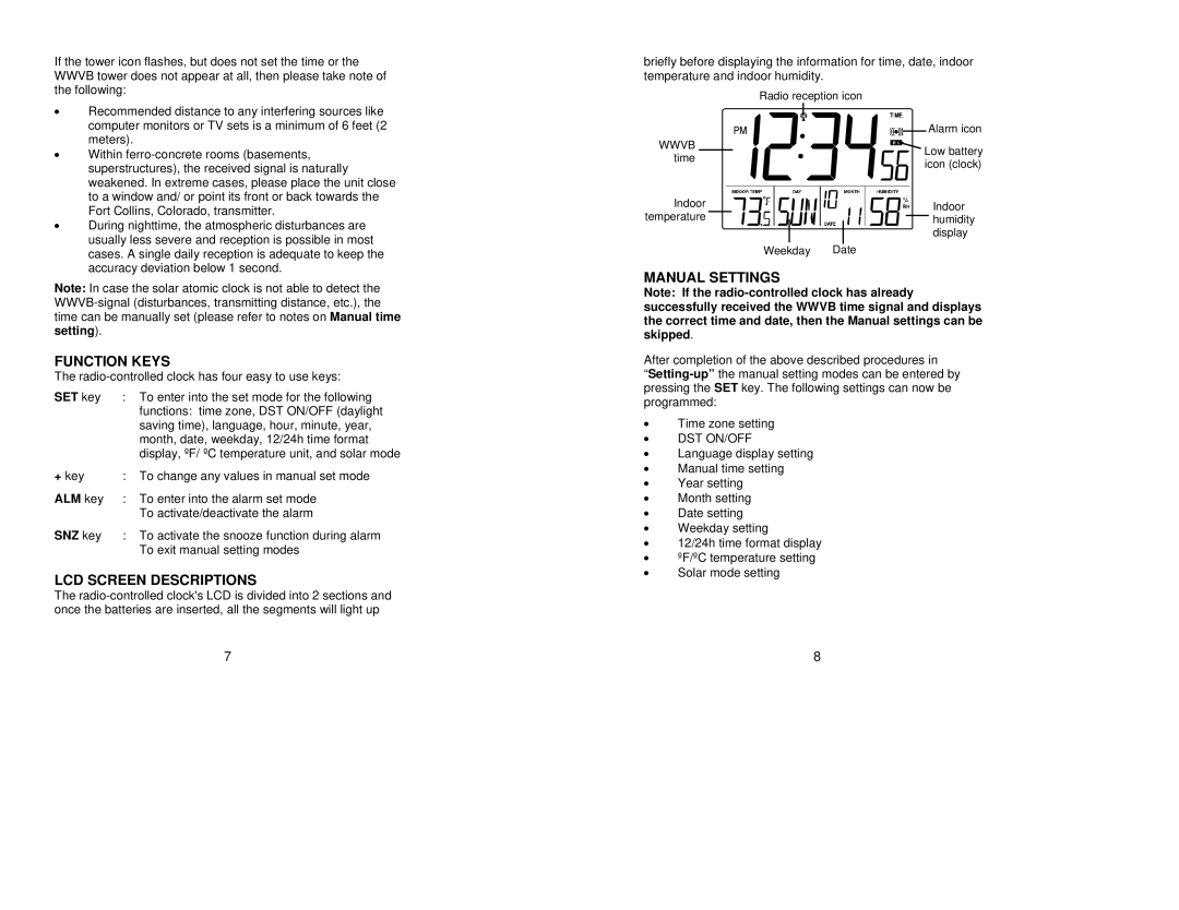 La Crosse Technology WT-8029U instruction manual Function Keys, LCD Screen Descriptions, Manual Settings 