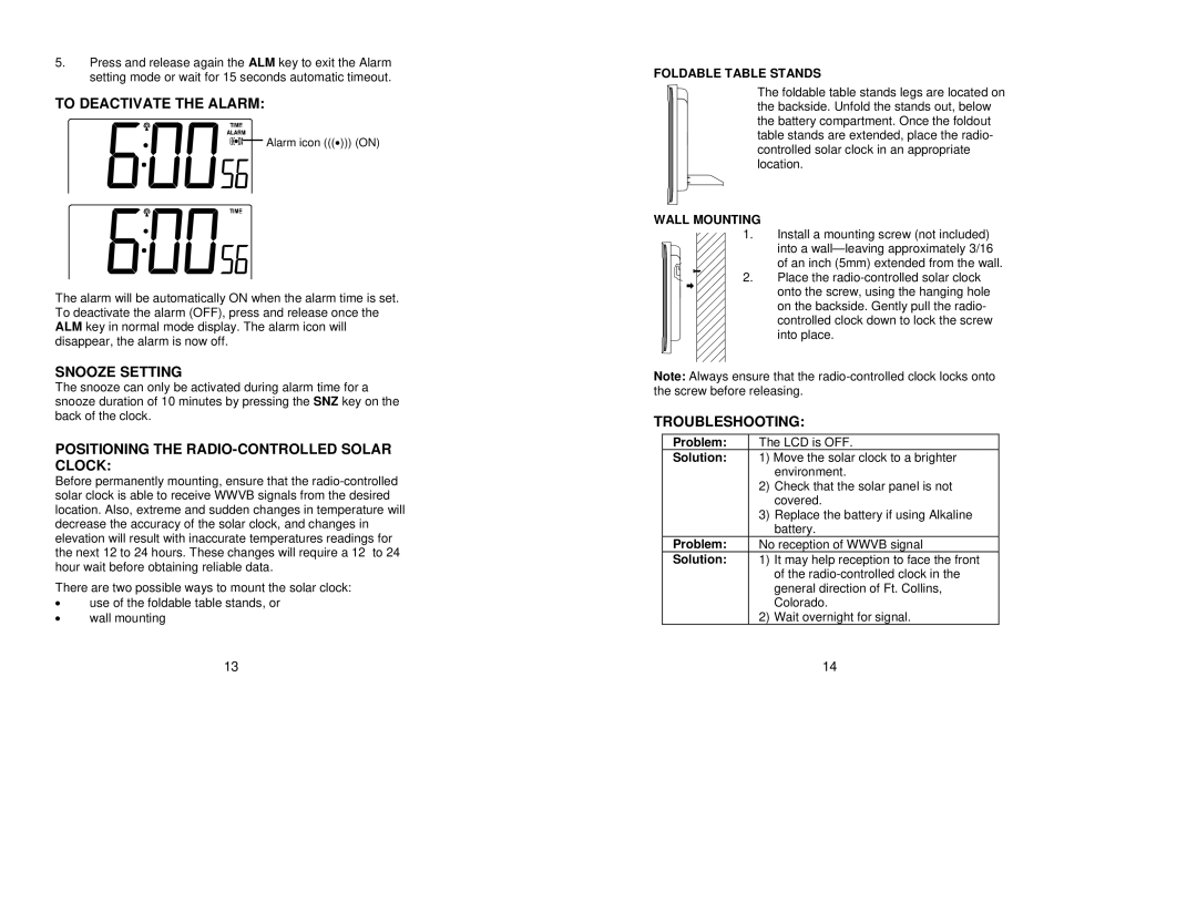 La Crosse Technology WT-8029U To Deactivate the Alarm, Snooze Setting, Positioning the RADIO-CONTROLLED Solar Clock 