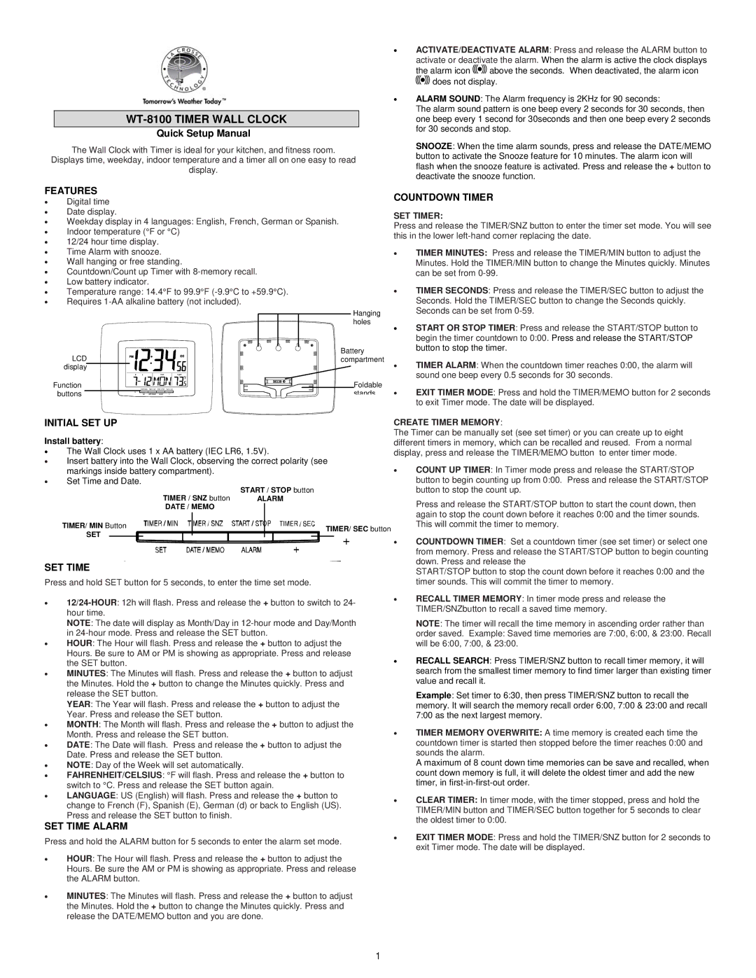 La Crosse Technology WT-8100 quick setup manual Features, Countdown Timer, Initial SET UP, SET Time Alarm 