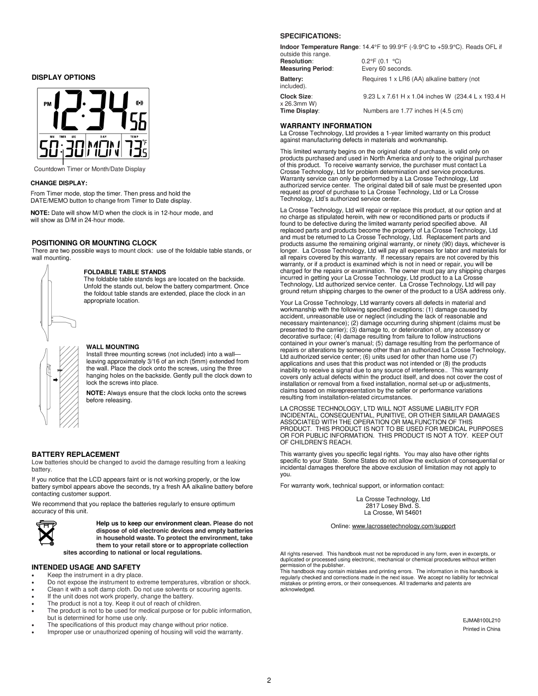 La Crosse Technology WT-8100 Display Options, Positioning or Mounting Clock, Battery Replacement, Warranty Information 