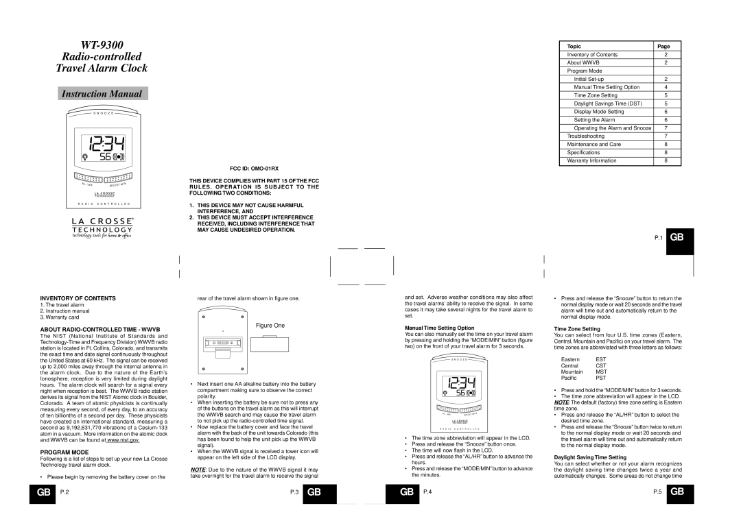 La Crosse Technology WT-9300 instruction manual Topic, About RADIO-CONTROLLED Time Wwvb Program Mode, Time Zone Setting 