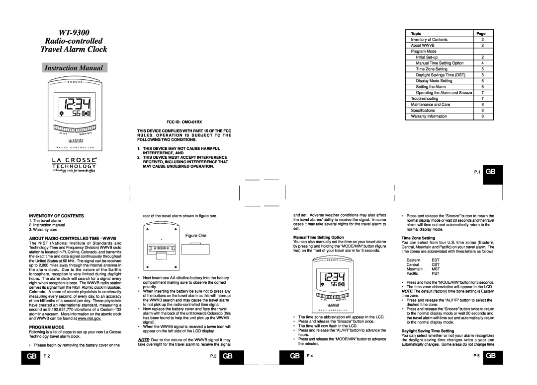 La Crosse Technology instruction manual WT-9300 Radio-controlled Travel Alarm Clock, Instruction Manual, Figure One 