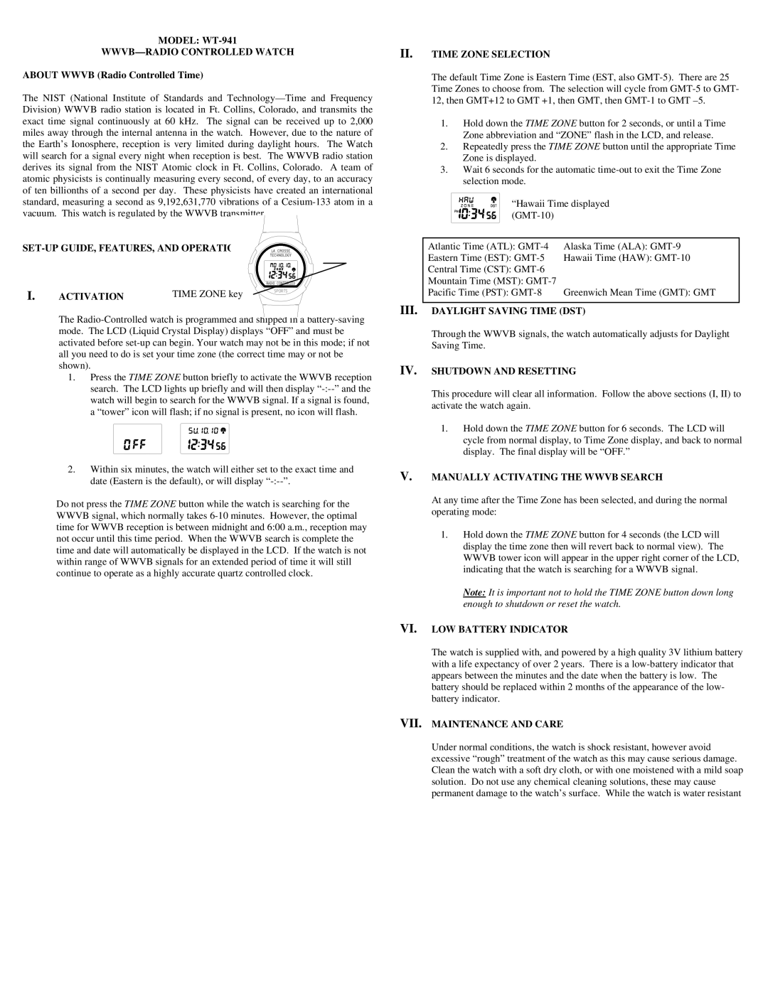 La Crosse Technology setup guide Model WT-941 WWVB-RADIO Controlled Watch, II. Time Zone Selection 