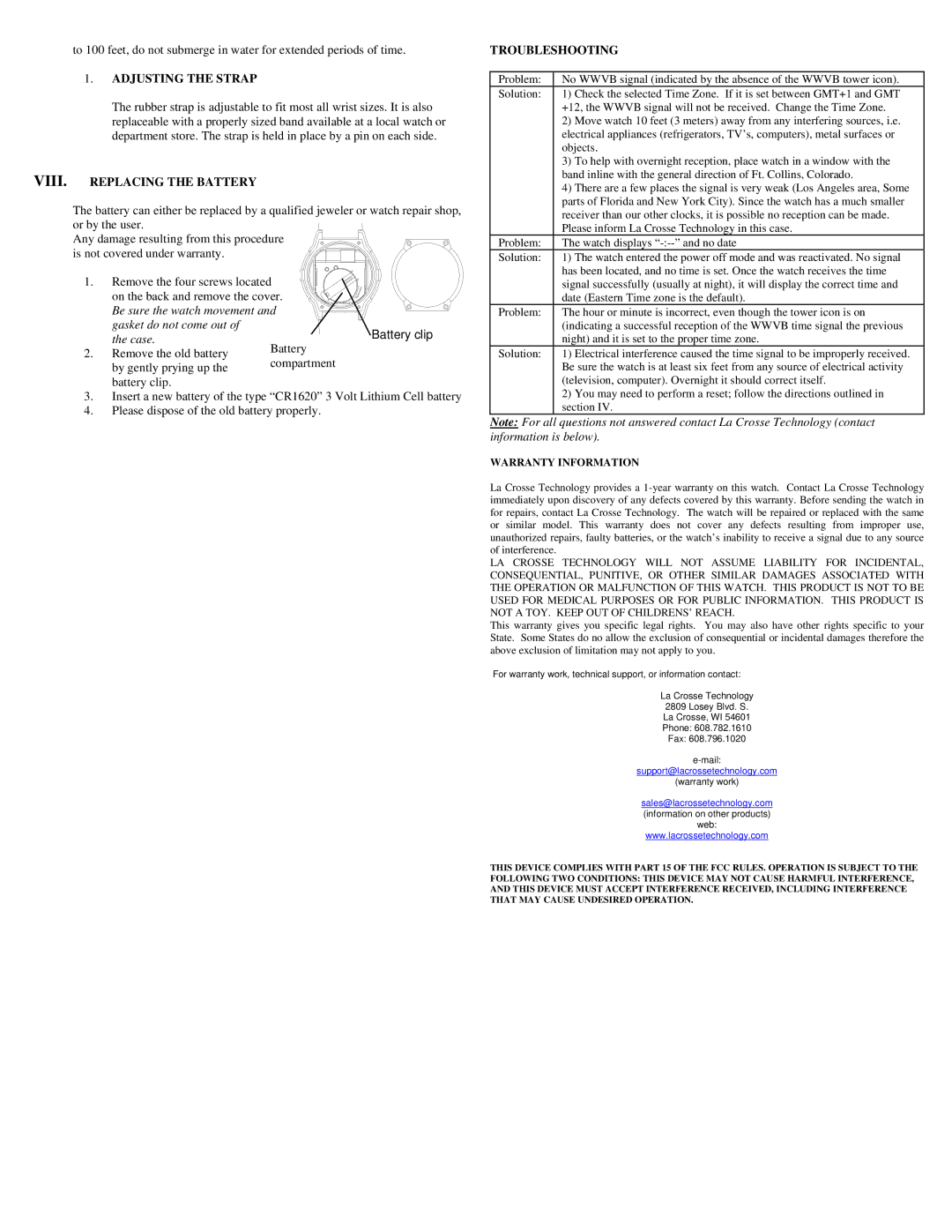 La Crosse Technology WT-941 setup guide Adjusting the Strap, VIII. Replacing the Battery, Troubleshooting 