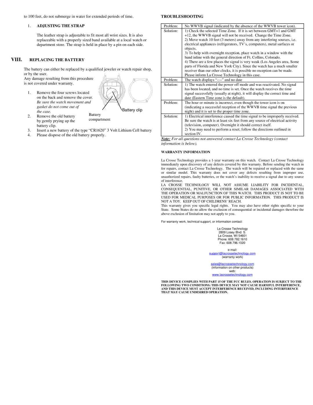 La Crosse Technology WT-951 setup guide Adjusting the Strap, VIII. Replacing the Battery, Troubleshooting 